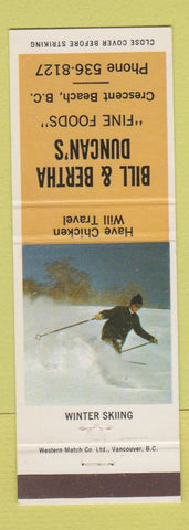 Matchbook Cover - Bill and Bertha Duncan's Crescent Beach BC Snow Skiing