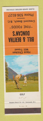 Matchbook Cover - Bill and Bertha Duncan's Crescent Beach BC Golf
