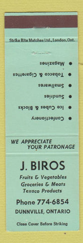 Matchbook Cover - J Biros Grocery Texaco oil gas Dunnville ON