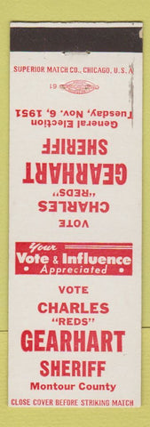 Matchbook Cover - Charles Gearhart Sheriff Election Montour County 1951