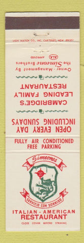 Matchbook Cover - Simeones Italian Restaurant Cambridge MA