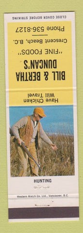 Matchbook Cover - Bill and Bertha Duncan's Crescent Beach BC Hunting