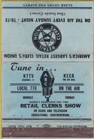 Matchbook Cover - Retail Clerks Union ABC Radio San Francisco? WEAR 40 Strike