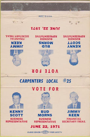 Matchbook Cover - Election Kenny Scott Bud Morns Jimmy Keen 1971 40 Strike