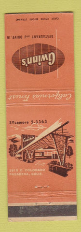 Matchbook Cover - Gwinn's Restaurant Pasadena CA