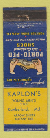 Matchbook Cover - Porto Ped Men's Shoes Kaplon's Cumberland MD