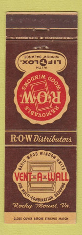 Matchbook Cover - Vent A Wall Window Unites Rocky Mount VA