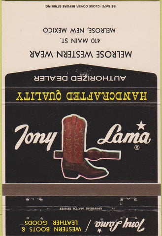 Matchbook Cover - Tony Lama Cowboy Boots Melrose NM 40 Strike