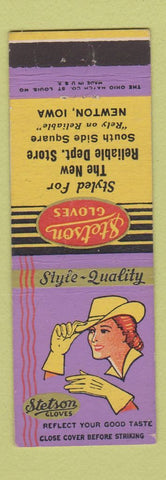 Matchbook Cover - Stetson Gloves girlie Newton IA Department Store WEAR