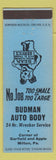 Matchbook Cover - Budman Auto Body Milton PA