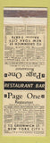 Matchbook Cover - Page One Restaurant New York City