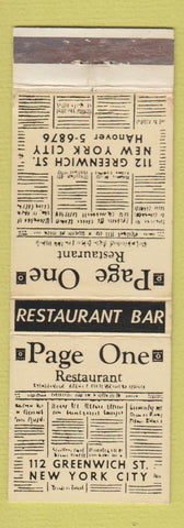 Matchbook Cover - Page One Restaurant New York City