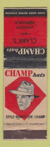 Matchbook Cover - Champ Men's Hats Clark's Lincoln NE WORN