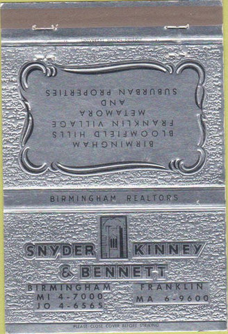Matchbook Cover - Snyder Kinney Bennett Realtors Birmingham AL 40 Strike