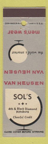 Matchbook Cover - Van Heusen Men's Clothes Sol's Pittsburgh PA