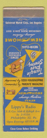 Matchbook Cover - New Home Sewing Machines Lippy's Radio Philadelphia PA