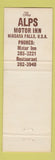 Matchbook Cover - Alps Motor Inn Niagara Falls NY