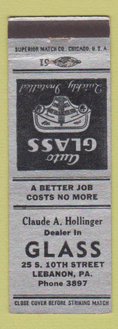 Matchbook Cover - Claude Hollinger Glass Lebanon PA