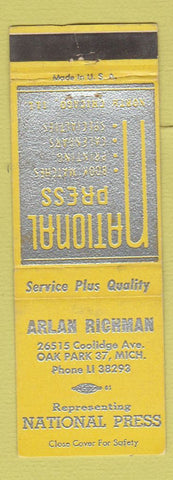 Matchbook Cover - Arlan Richman National Press Matches Oak Park MI
