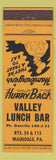 Matchbook Cover - Valley Lunch Bar Mausdale PA