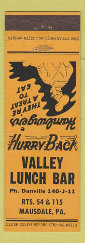 Matchbook Cover - Valley Lunch Bar Mausdale PA