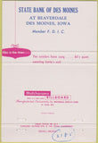 Matchbook Cover - State Bank of Des Moines IA 40 Strike