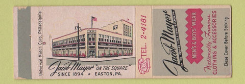 Matchbook Cover - Jacob Mayer Men's Clothes Easton PA