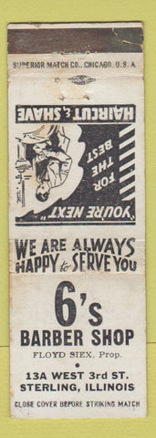 Matchbook Cover - 6's Barber Shop Sterling IL WORN