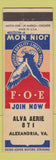Matchbook Cover - Eagles Club Alva Aerie Alexandria VA