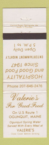 Matchbook Cover - Valerie's Restaurant Ogunquit MD