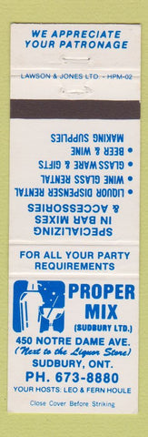 Matchbook Cover - Proper Mix Drink Beer Wine Making Supply Sudbury ON