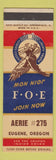 Matchbook Cover - Eagles Club Eugene OR
