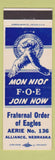 Matchbook Cover - Eagles Club Alliance NE