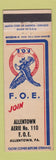 Matchbook Cover - Eagles Club Allentown PA