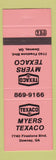 Matchbook Cover - Texaco oil gas Myers Downey GA