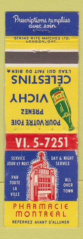 Matchbook Cover - Pharmacie Montreal QC Vichy Drink Beverage WEAR