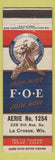 Matchbook Cover - Eagles Club La Crosse WI