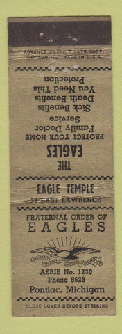 Matchbook Cover - Eagles Club Pontiac MI ADVANCE Pleasant Grill Room