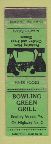 Matchbook Cover - Bowling Green Grill VA GREEN
