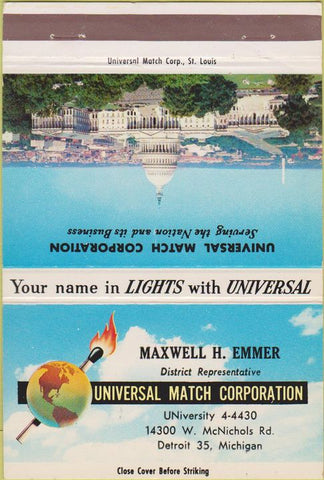 Matchbook Cover - US Capitol Universal Match Detroit MI Maxwell Emmer 40 Strike