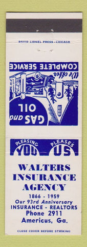 Matchbook Cover - Walters Insurance Agency Americus GA
