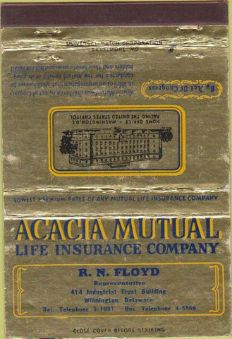 Matchbook Cover - Acacia Mutal Insurance Wilmington DE 40 Strike