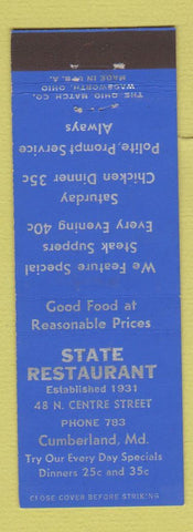 Matchbook Cover - State Restaurant Cumberland MD