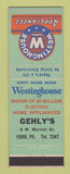 Matchbook Cover - Westinghouse Appliances Gehly's York PA
