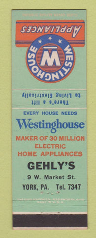 Matchbook Cover - Westinghouse Appliances Gehly's York PA