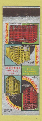 Matchbook Cover - Hotels Vicksburg MS Memphis TN Little Rock Hot Spring AR