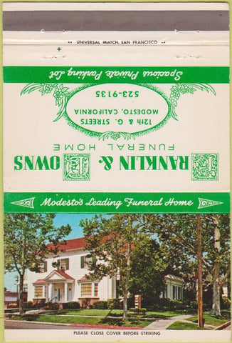 Matchbook Cover - Franklin Downs Funeral Home Modesto CA 40 Strike