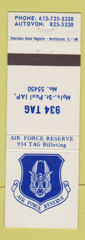 Matchbook Cover - Air Force Reserve 934 Tag Billeting Minneapolis St Paul MN
