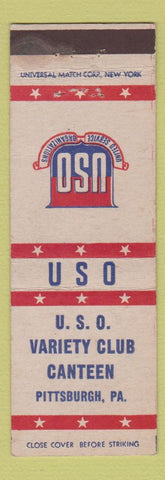 Matchbook Cover - USO Variety Club Canteen Pittsburgh PA