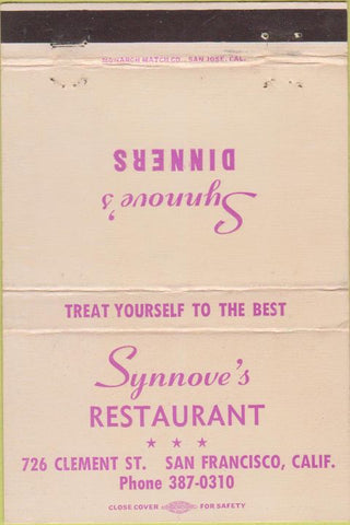 Matchbook Cover - Synnove's Restaurant San Francisco CA  40 Strike